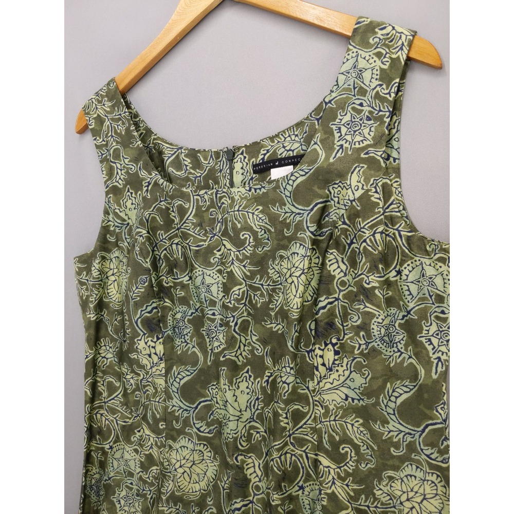 Peruvian Connection Sheath Dress 12 Green Floral Pima Cotton Midi Sleeveless - Picture 2 of 8